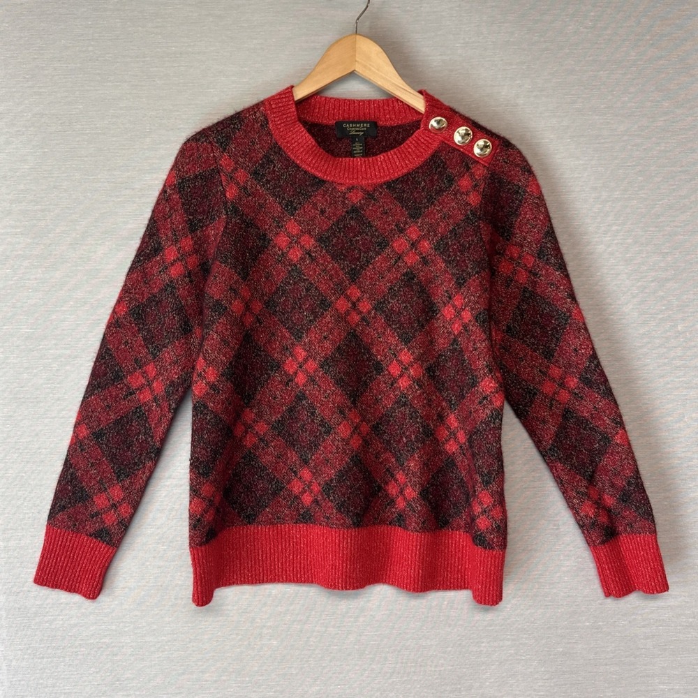 Charter Club Luxury Red Metallic Plaid Cashmere Blend Pullover Sweater Women's L